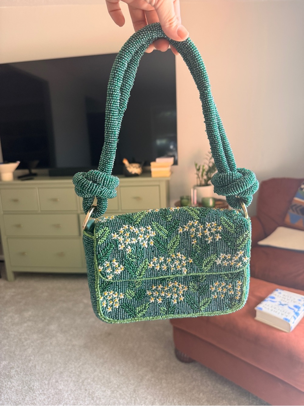 Anthropologie Green Beaded Floral Purse- Maeve Brand.